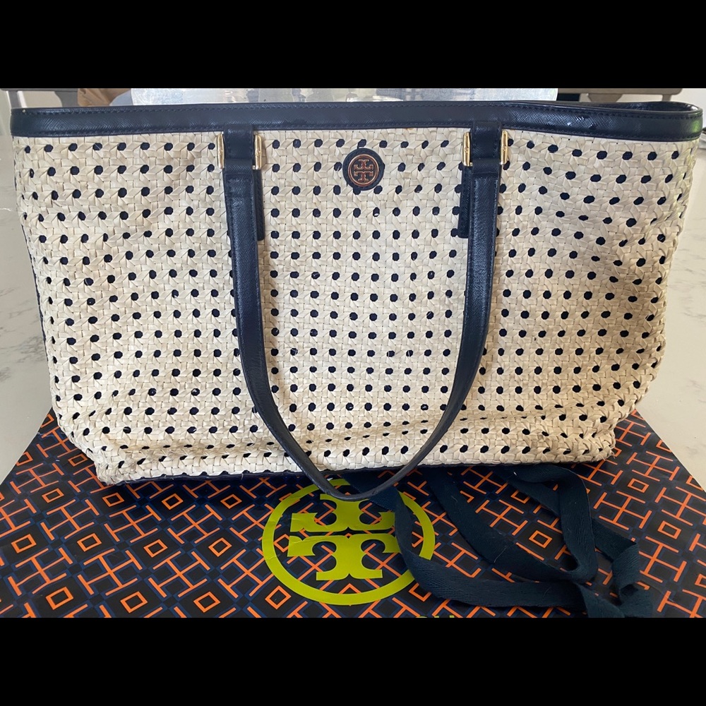Tory Burch white and navy basket weave tote